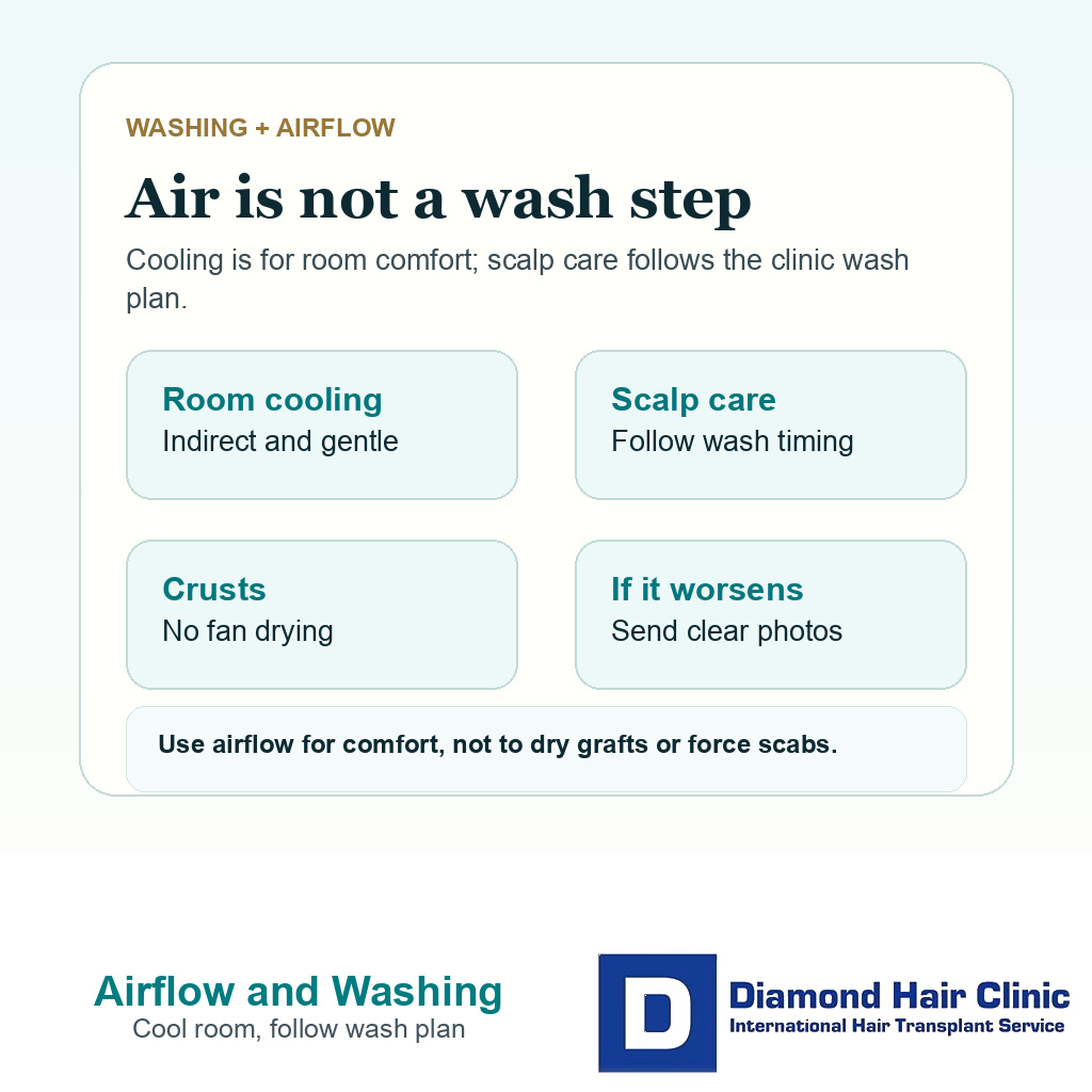 Clinical support card explaining that fan or air conditioning airflow should not replace washing or scab care after FUE