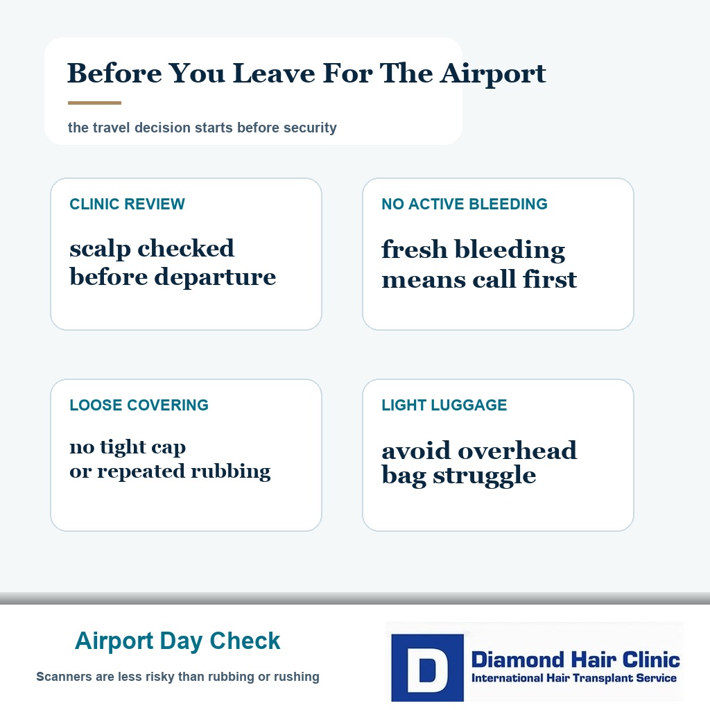 Airport day check card showing scalp review, no active bleeding, loose covering, and light luggage after a hair transplant