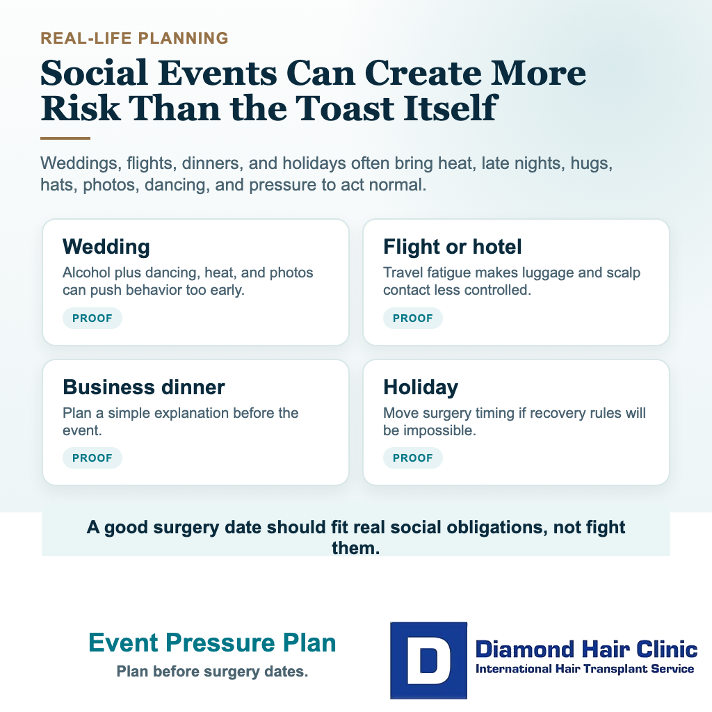 Alcohol after hair transplant visual explaining wedding travel and social event pressure planning