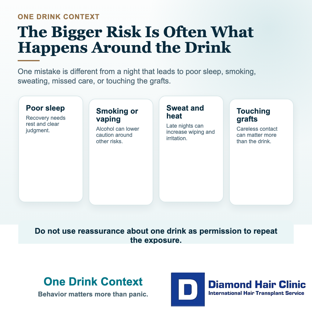 Alcohol after hair transplant visual explaining that the context around one drink matters