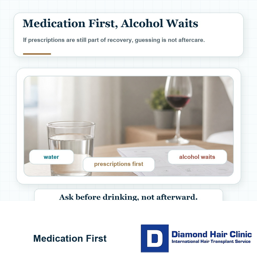 Recovery visual showing water, medication, aftercare papers, and alcohol waiting in the background