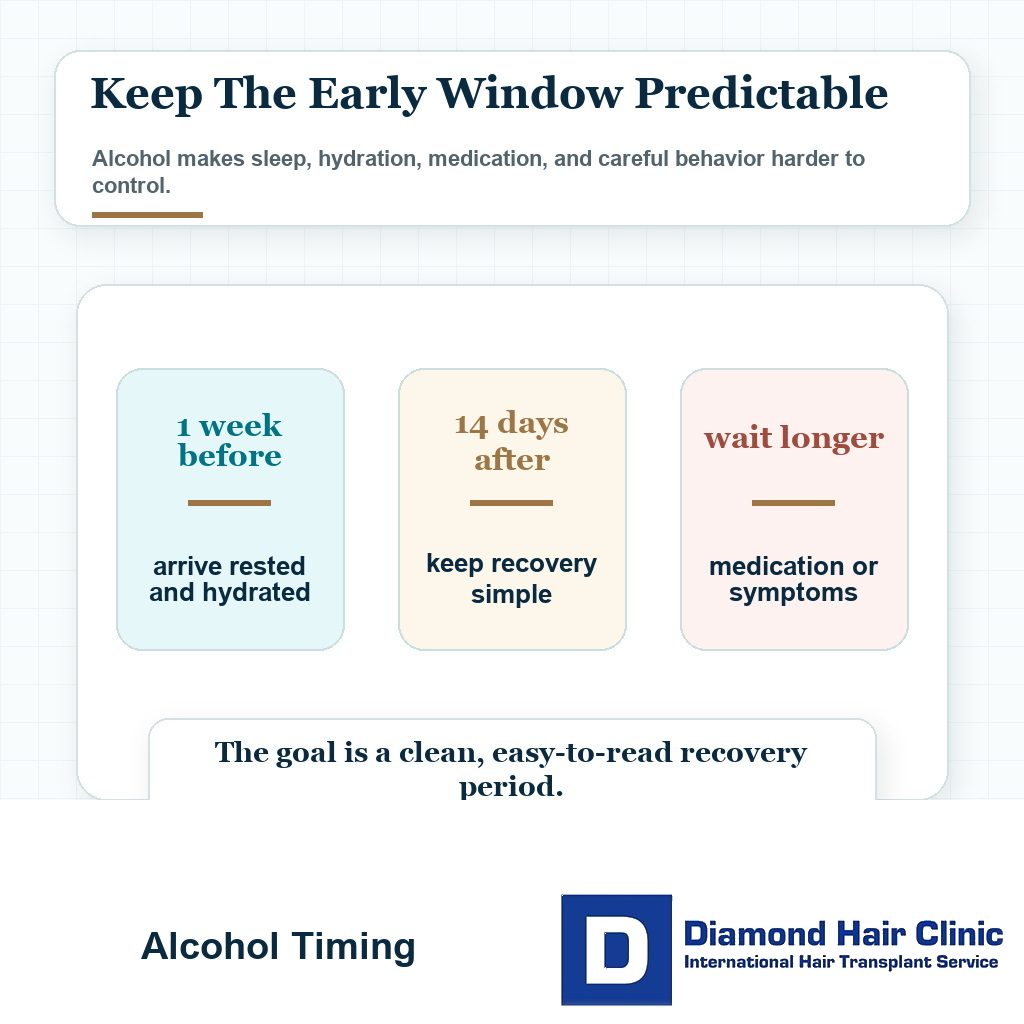 Timing card showing one week before surgery and 14 days after surgery as the protected alcohol-free window