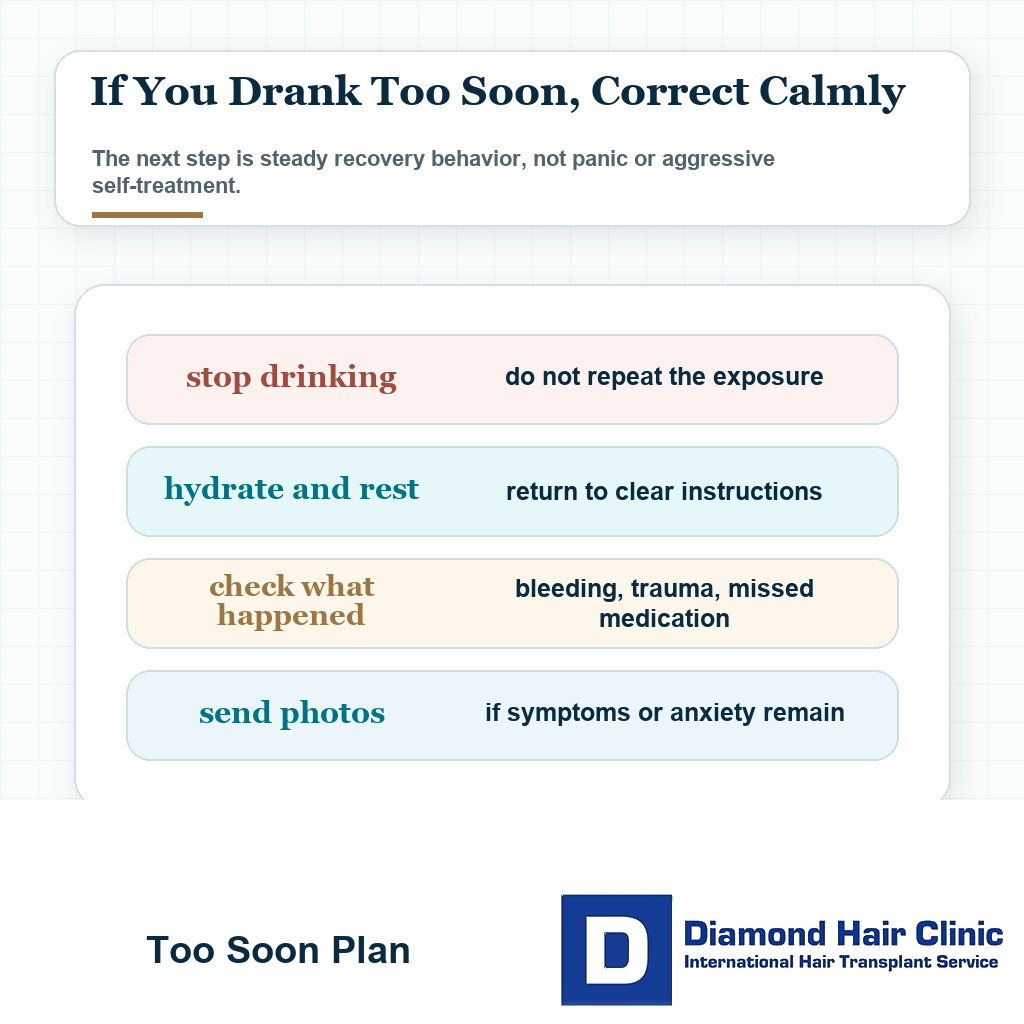 Correction plan card for drinking alcohol too soon after hair transplant with hydration rest symptom check and clinic photo review