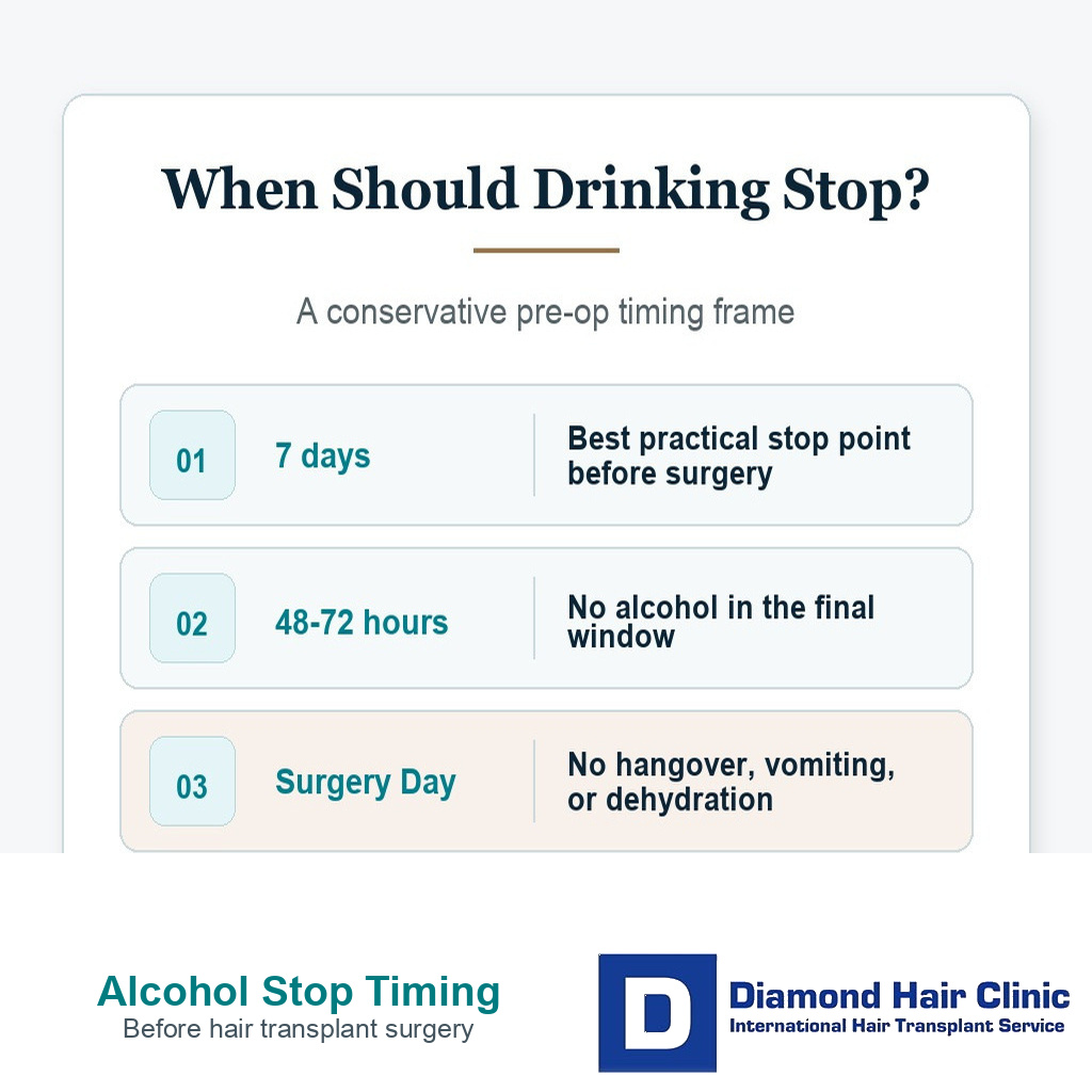 Timing card showing when to stop alcohol before hair transplant surgery and why the final 48 to 72 hours matter.
