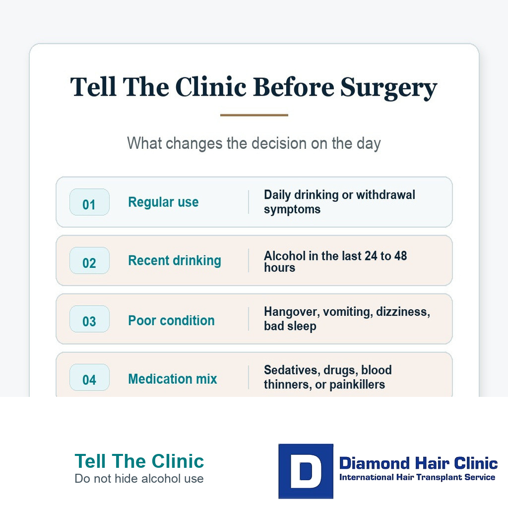 Disclosure card showing when alcohol use should be reported to the clinic before hair transplant surgery.