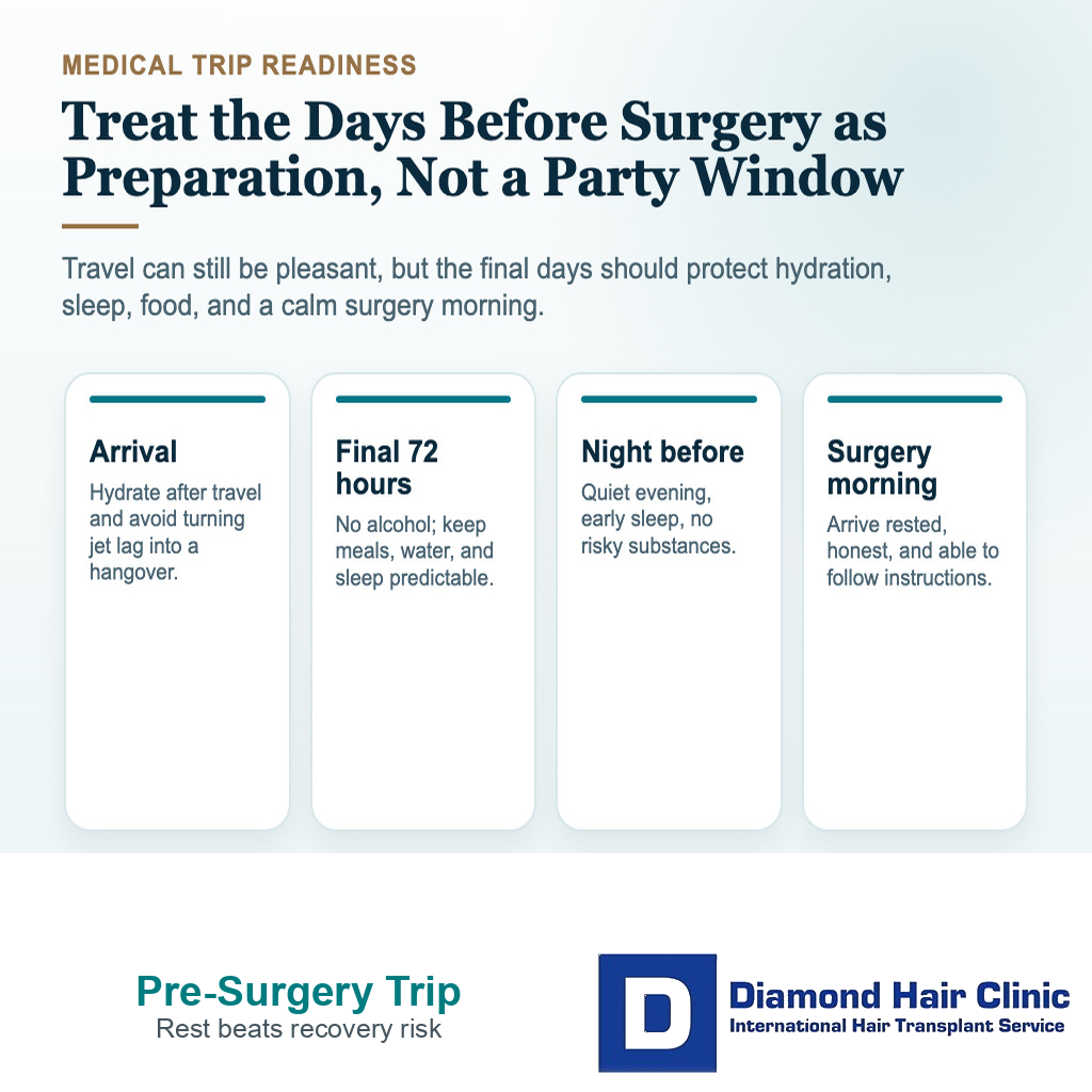 Visual showing how medical tourism patients should prepare in the days before hair transplant surgery without alcohol