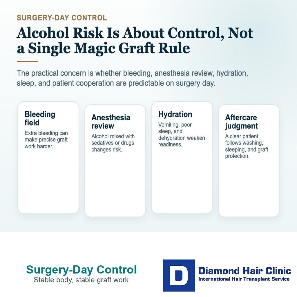 Visual explaining how alcohol can affect surgical control during hair transplant graft work