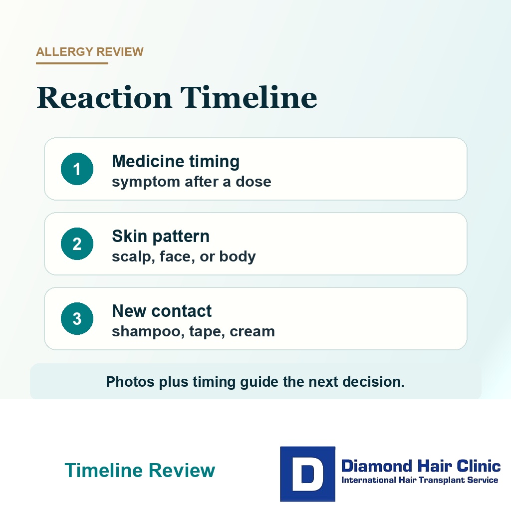 Medication timing clues for allergy signs during hair transplant recovery