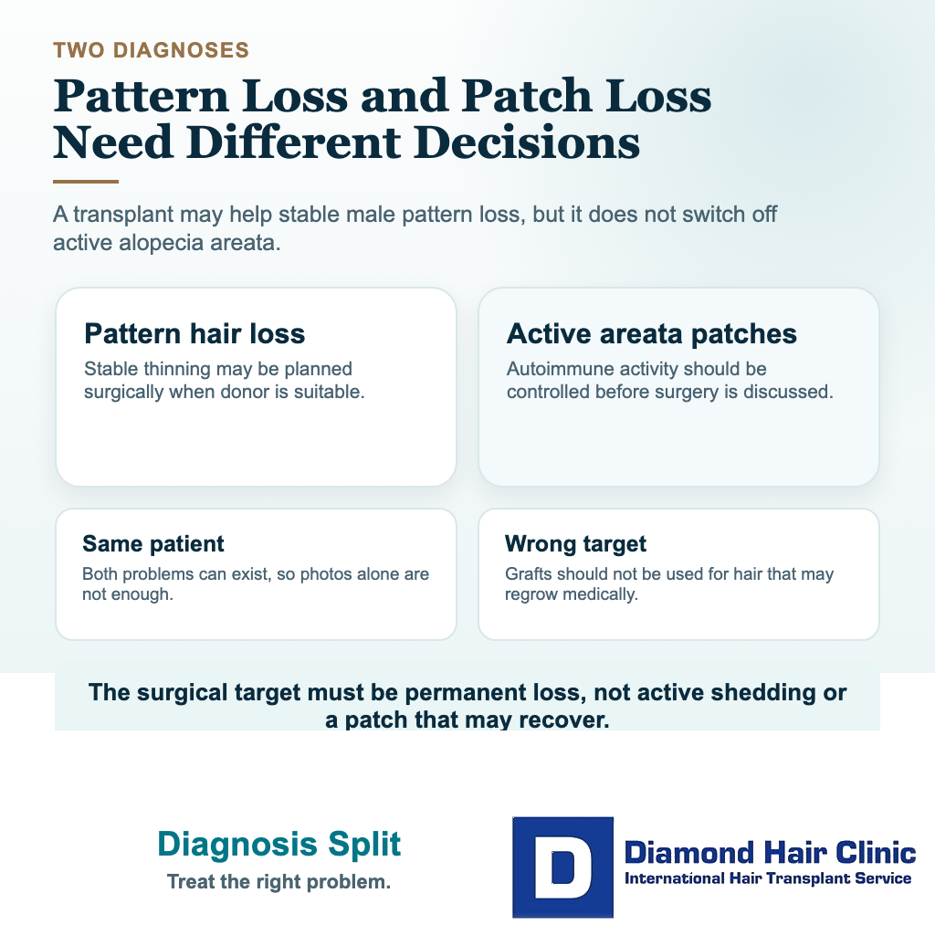 Visual explaining the difference between male pattern hair loss and active alopecia areata before hair transplant surgery