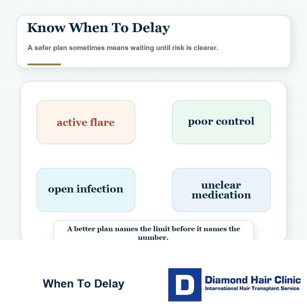 Delay surgery visual showing when active alopecia areata makes hair transplant timing unsafe