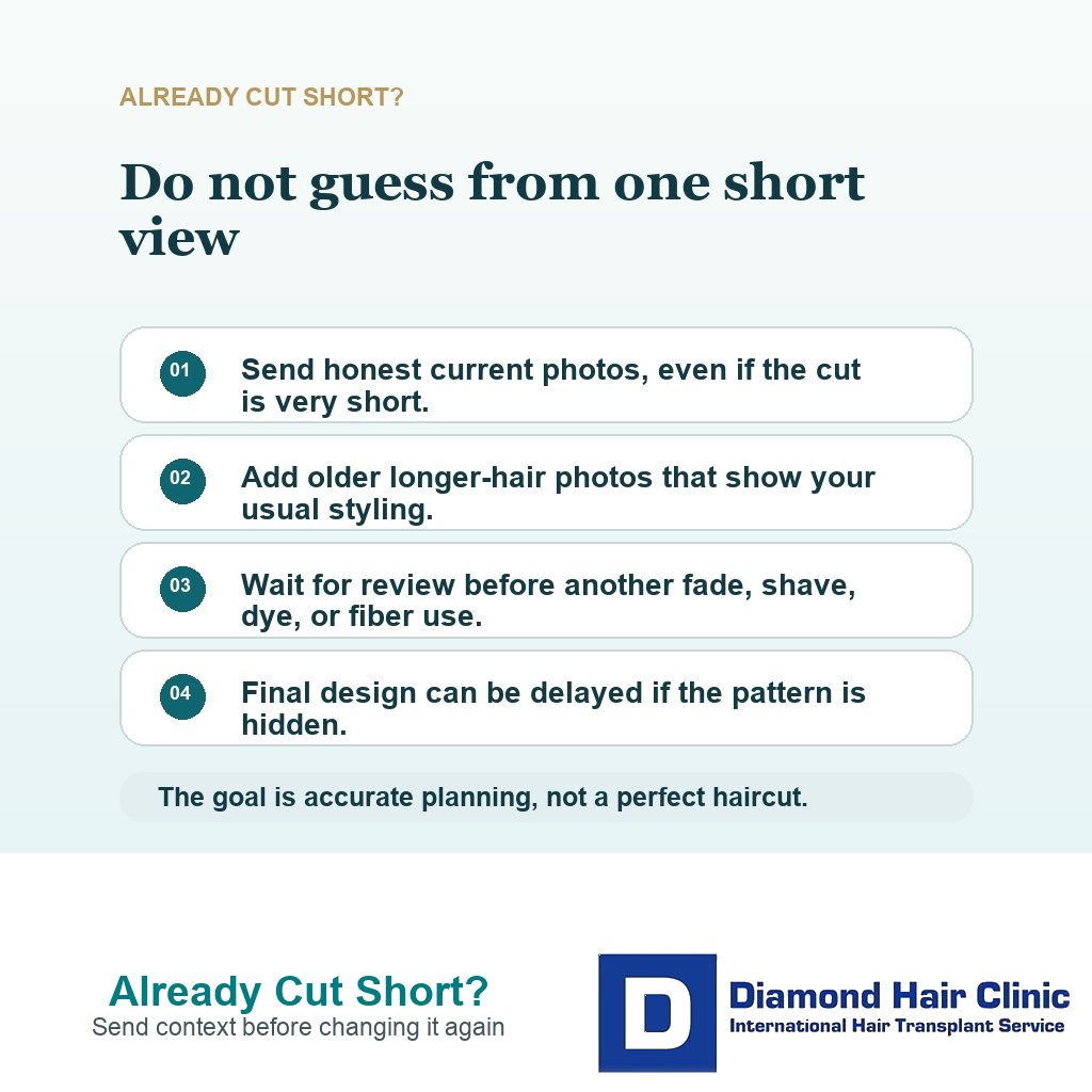 Information card for patients who already cut hair short before hair transplant planning