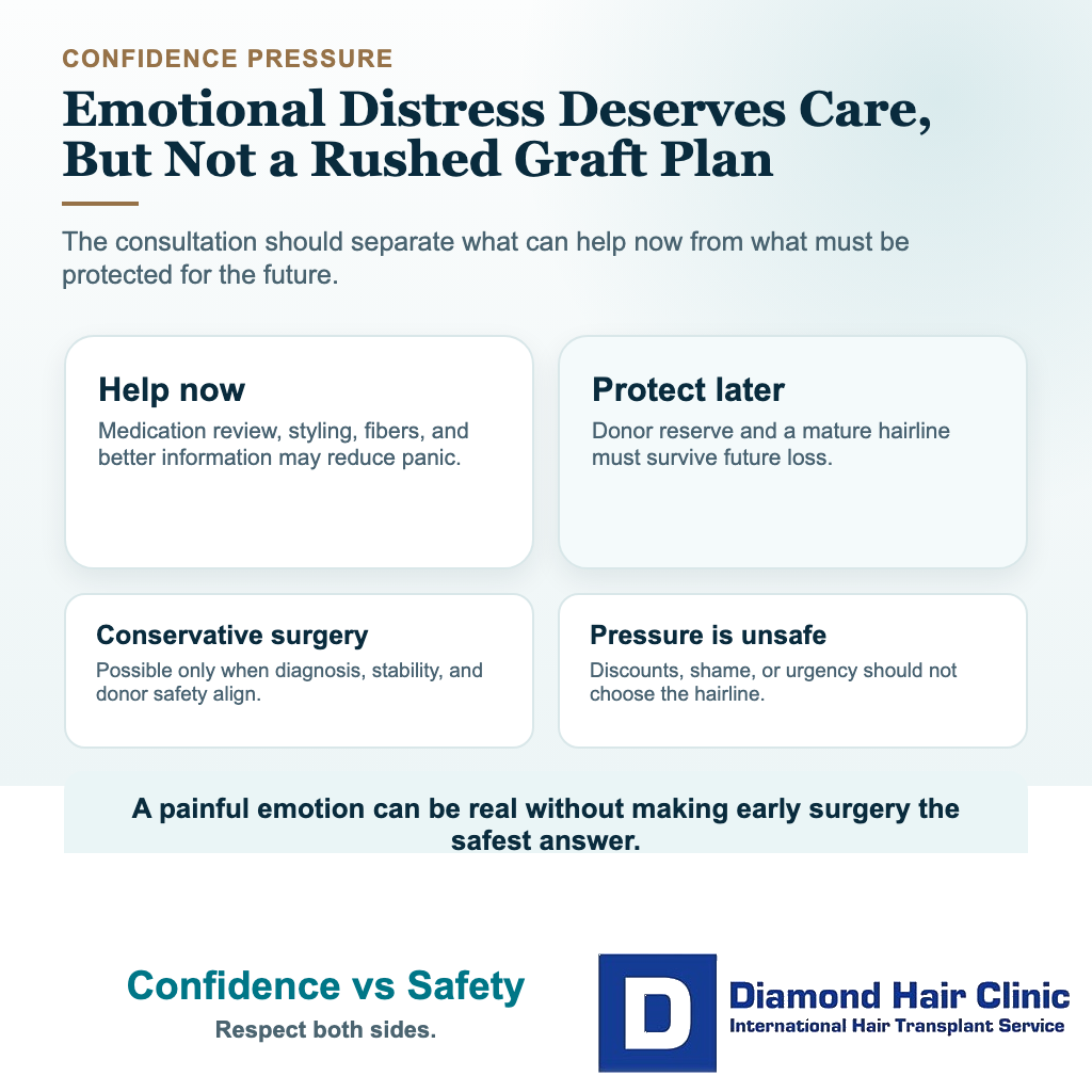 Am I Too Young for a Hair Transplant? visual explaining confidence vs safety