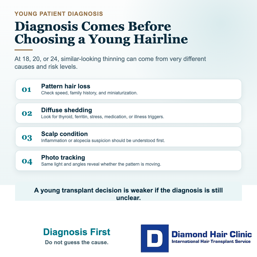 Am I Too Young for a Hair Transplant? visual explaining diagnosis first