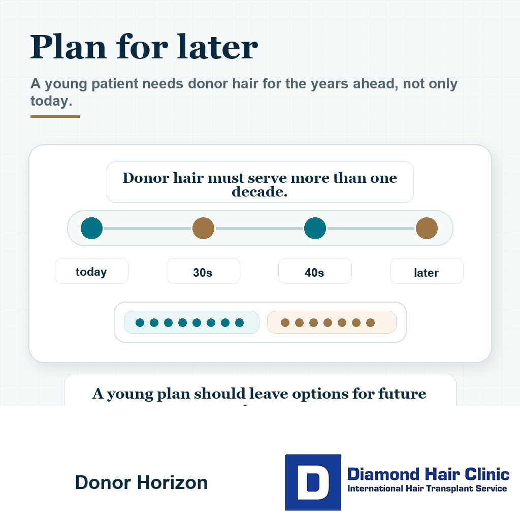 Visual showing a young hair transplant patient should preserve donor hair for future hair loss needs