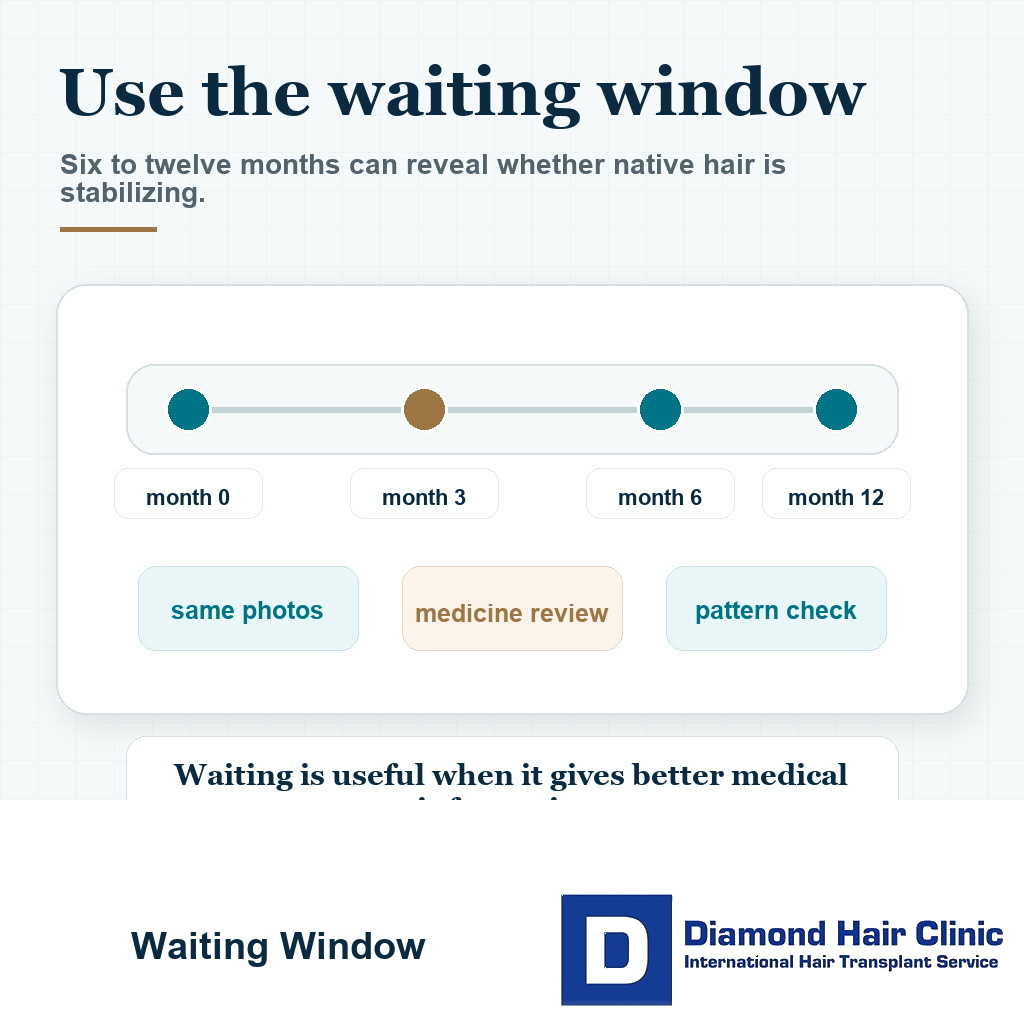 Visual showing a six to twelve month monitoring window before hair transplant surgery in a young patient