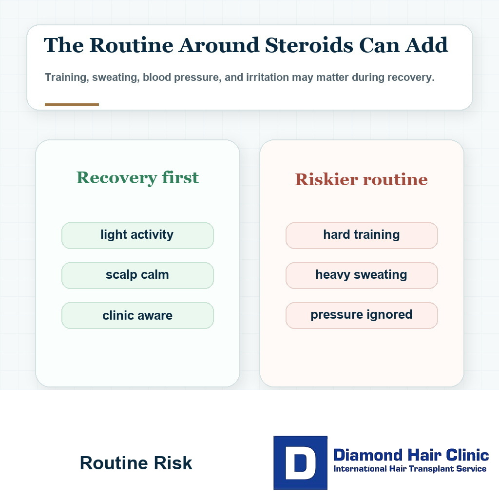 Comparison visual for recovery routine risks around anabolic steroid use after hair transplant