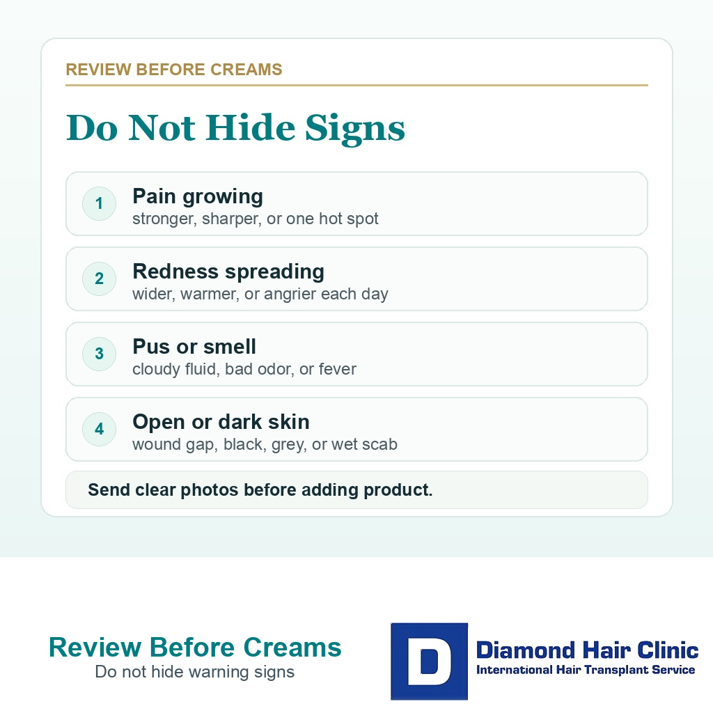 Support visual showing which scalp symptoms need clinic review before applying ointment after hair transplant surgery