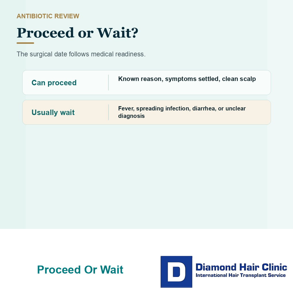 Diamond Hair Clinic timing card for proceeding or waiting when antibiotics are used before hair transplant