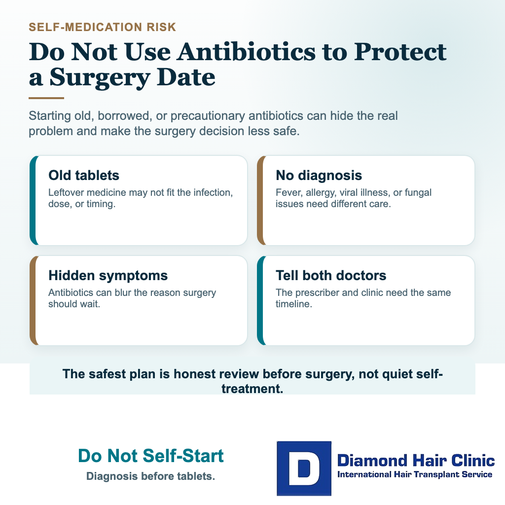 Can I Take Antibiotics Before a Hair Transplant? visual explaining do not self-start