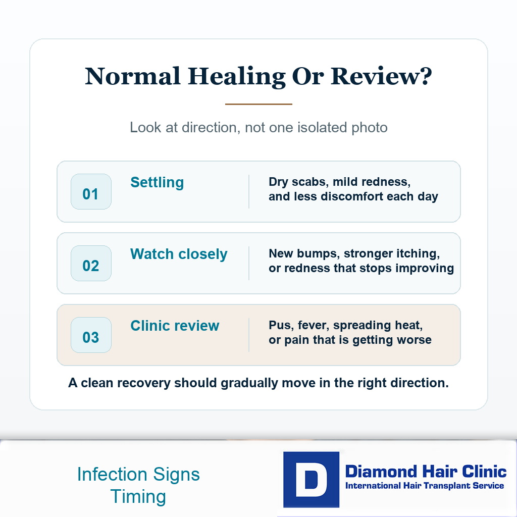 Decision card comparing normal healing signs with infection signs that need clinic review after a hair transplant