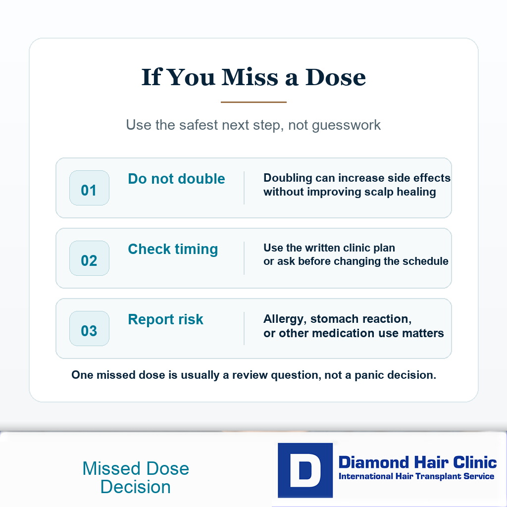 Decision card explaining what to do after a missed antibiotic dose after a hair transplant