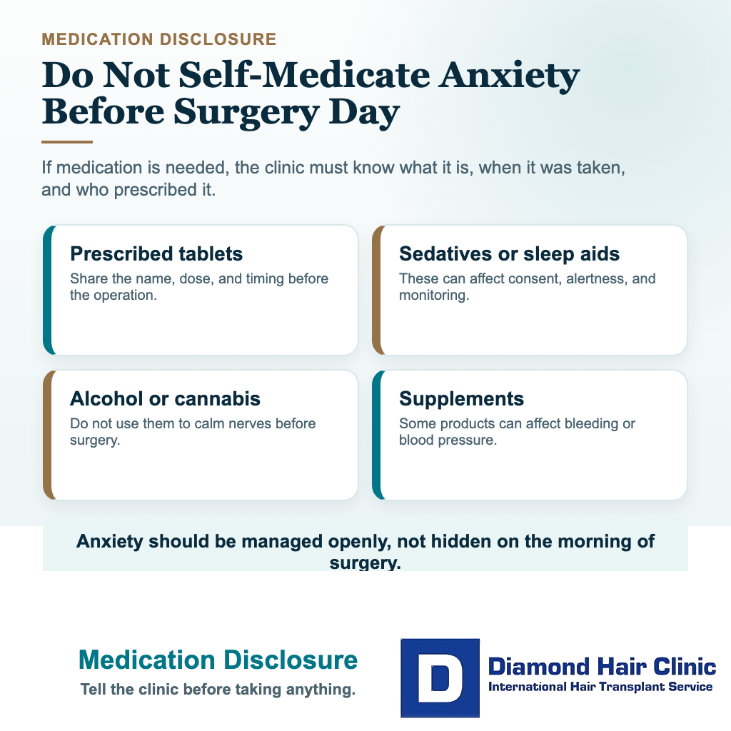 Visual explaining why anxiety medication sedatives alcohol cannabis and supplements should be disclosed before hair transplant surgery