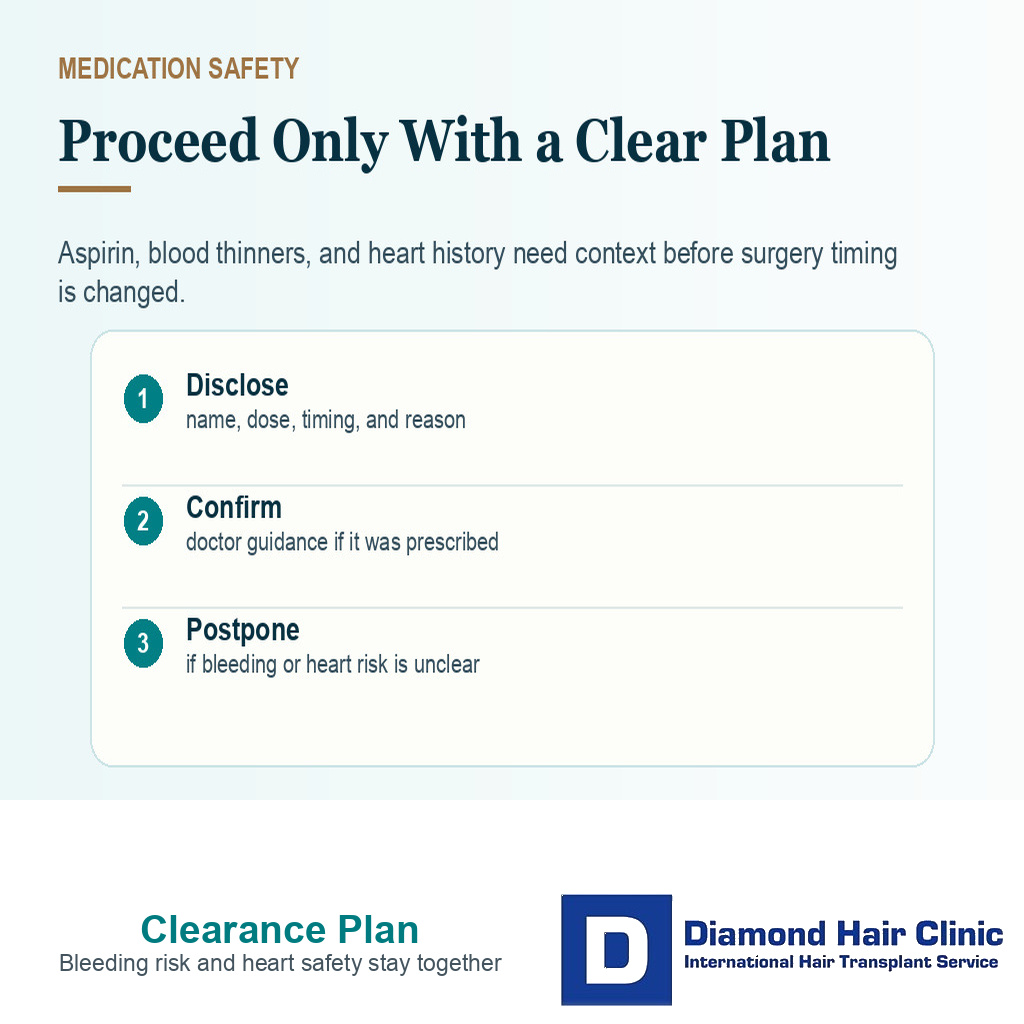 Decision card showing when aspirin before hair transplant should lead to clinic disclosure, medical clearance, or postponement