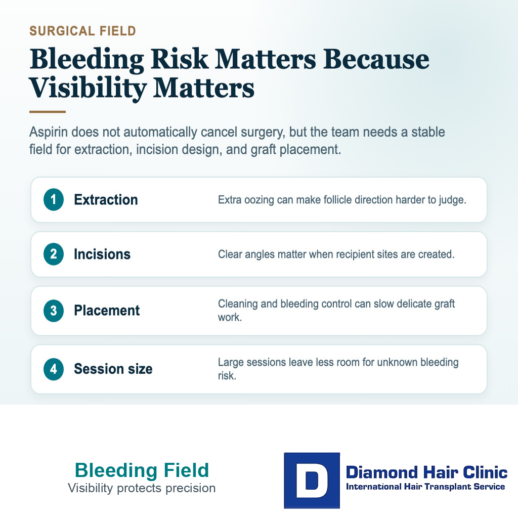 Diamond Hair Clinic visual explaining why aspirin related bleeding matters during hair transplant extraction, incision creation, graft placement, and larger sessions