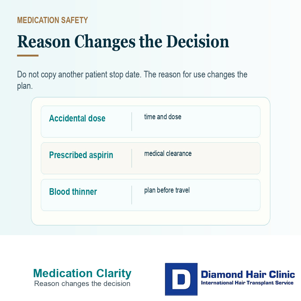 Medication review visual explaining the difference between occasional aspirin and prescribed antiplatelet treatment before hair transplant surgery