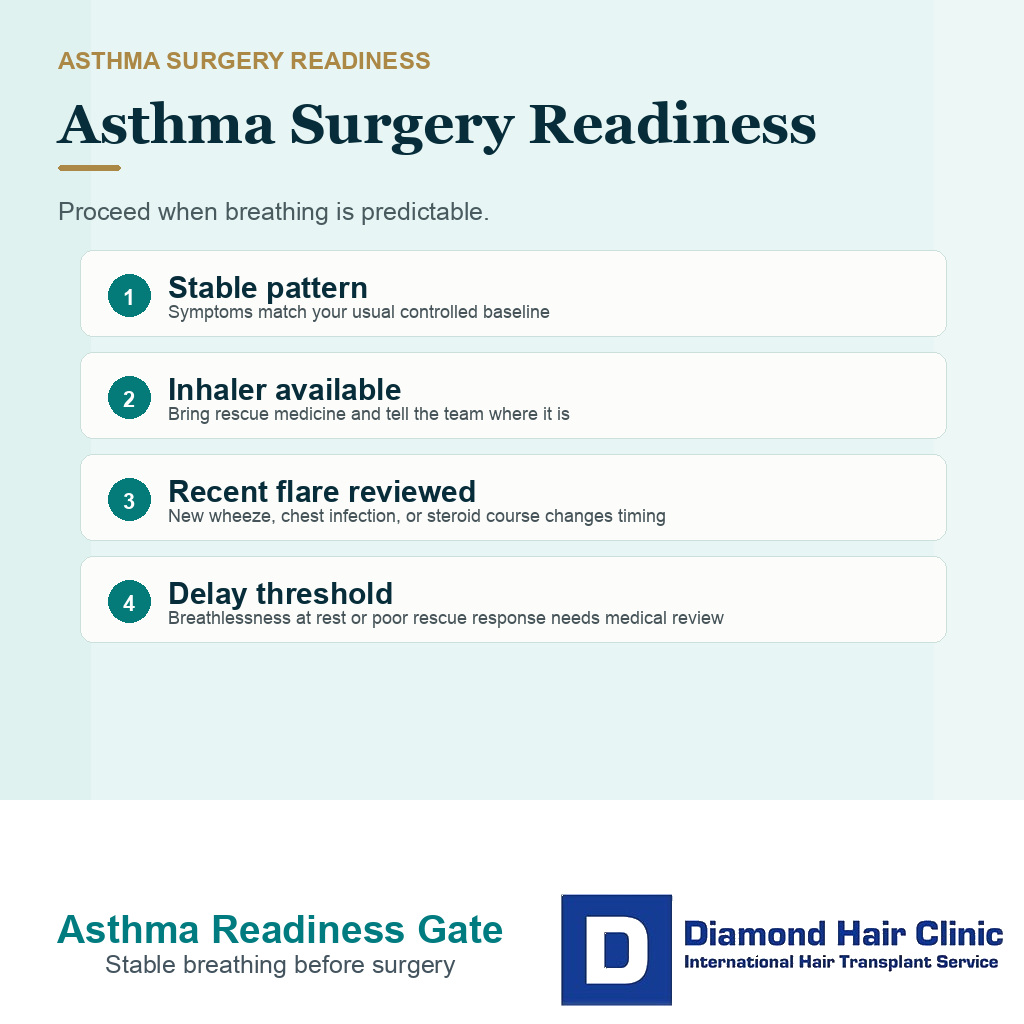 Diamond Hair Clinic information card showing asthma stability checks before hair transplant surgery