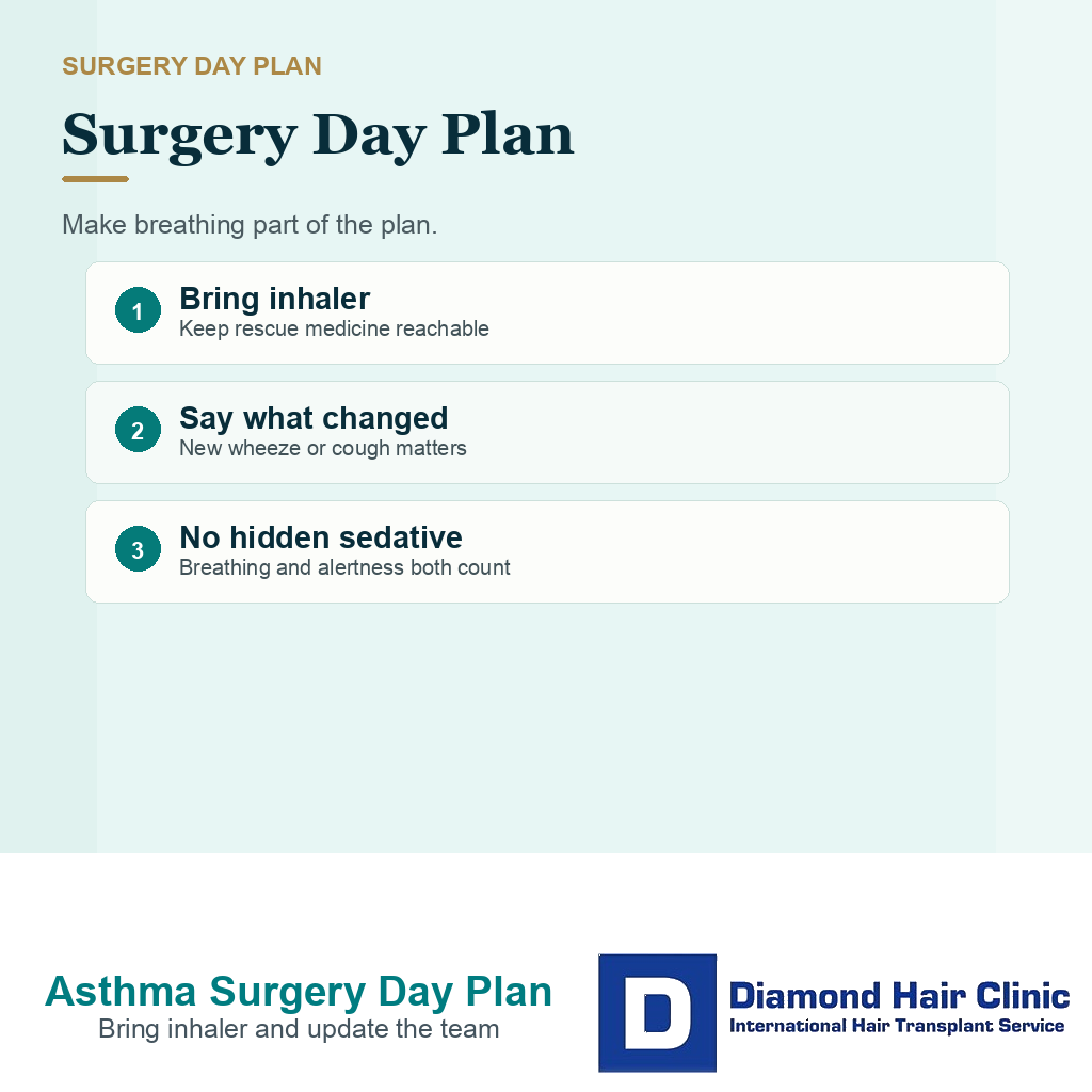 Clinic preparation scene with inhaler, loose shirt, and breathing safety reminders before hair transplant