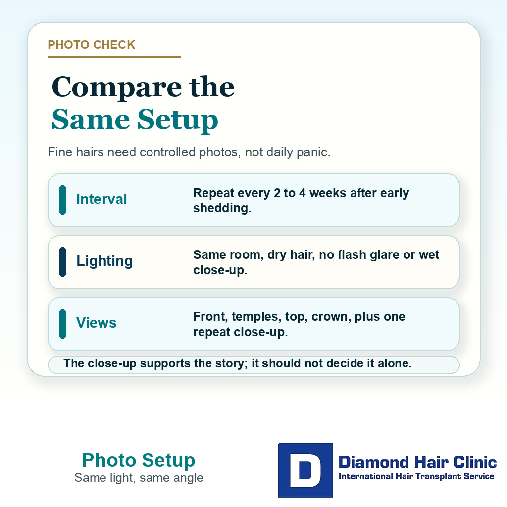 Information card explaining how to photograph fine new hairs after FUE using the same interval, lighting, hair state, views, and repeat close-up so progress can be judged without panic.