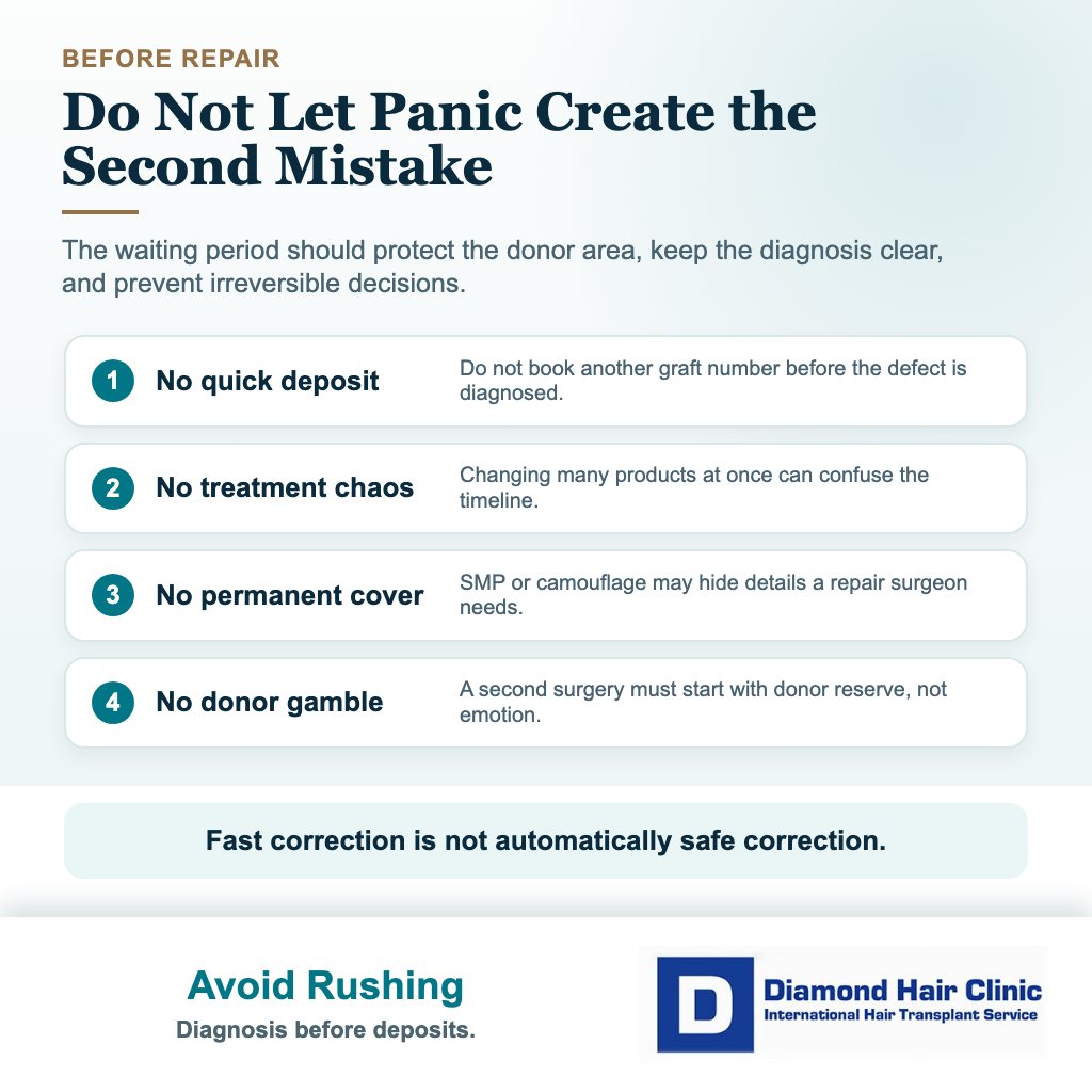 Safety card showing what to avoid before planning bad hair transplant repair