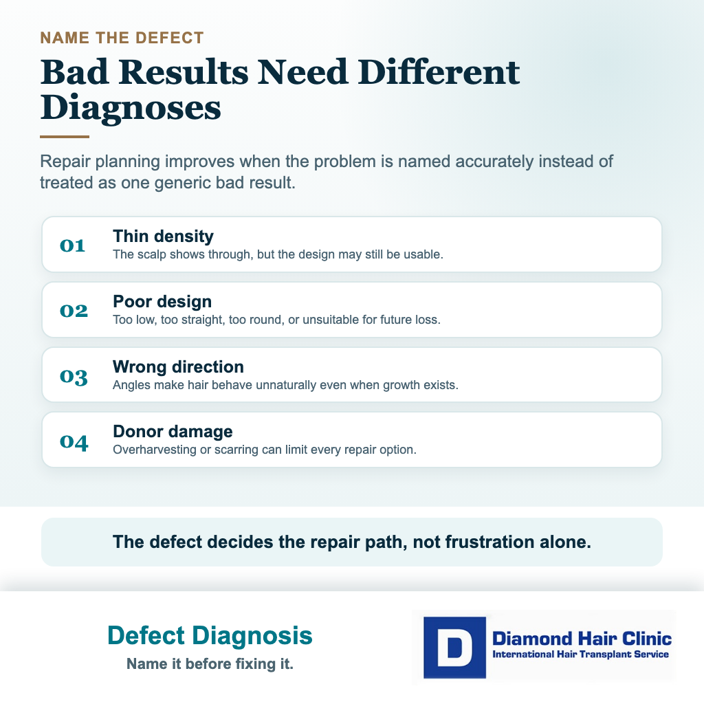 Diagnostic card separating thin density, poor design, wrong direction, and donor damage after a hair transplant
