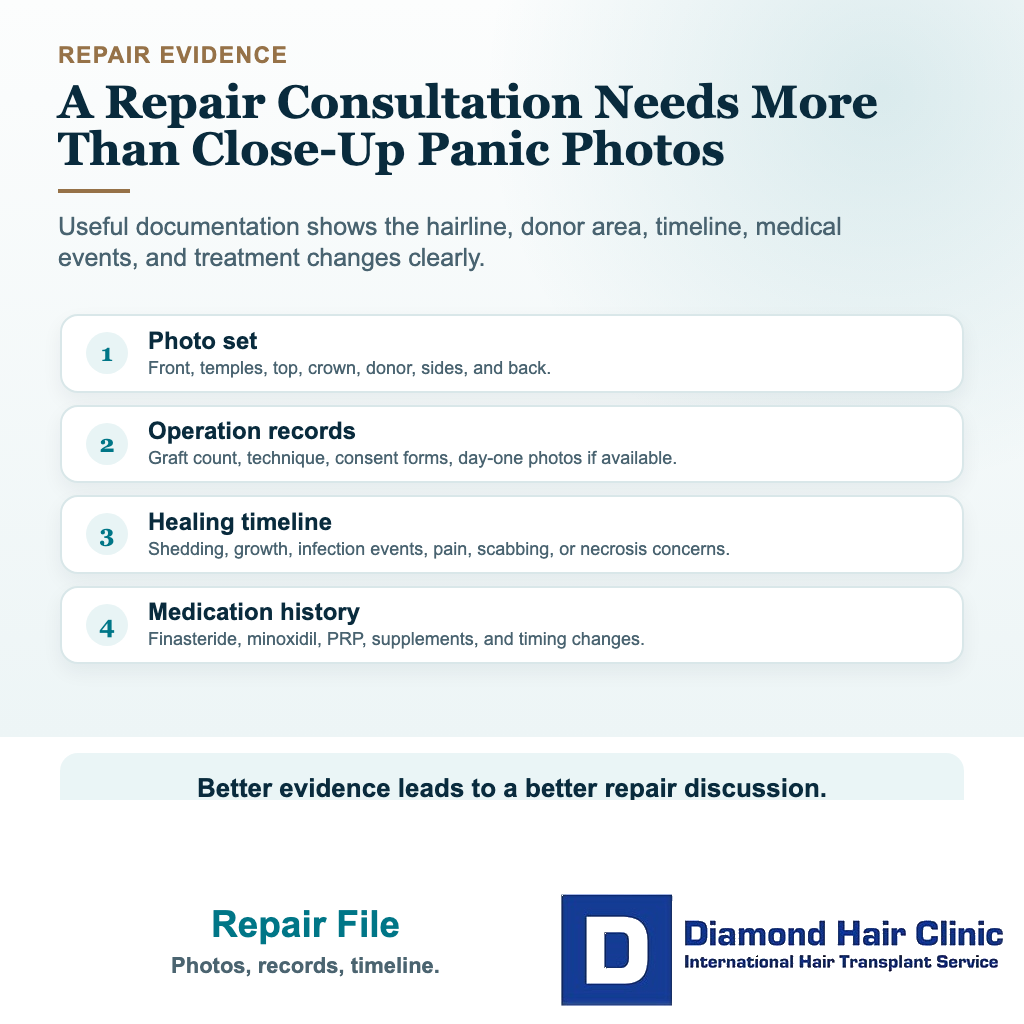 Documentation card showing photos, records, timeline, and medication history needed before repair surgery