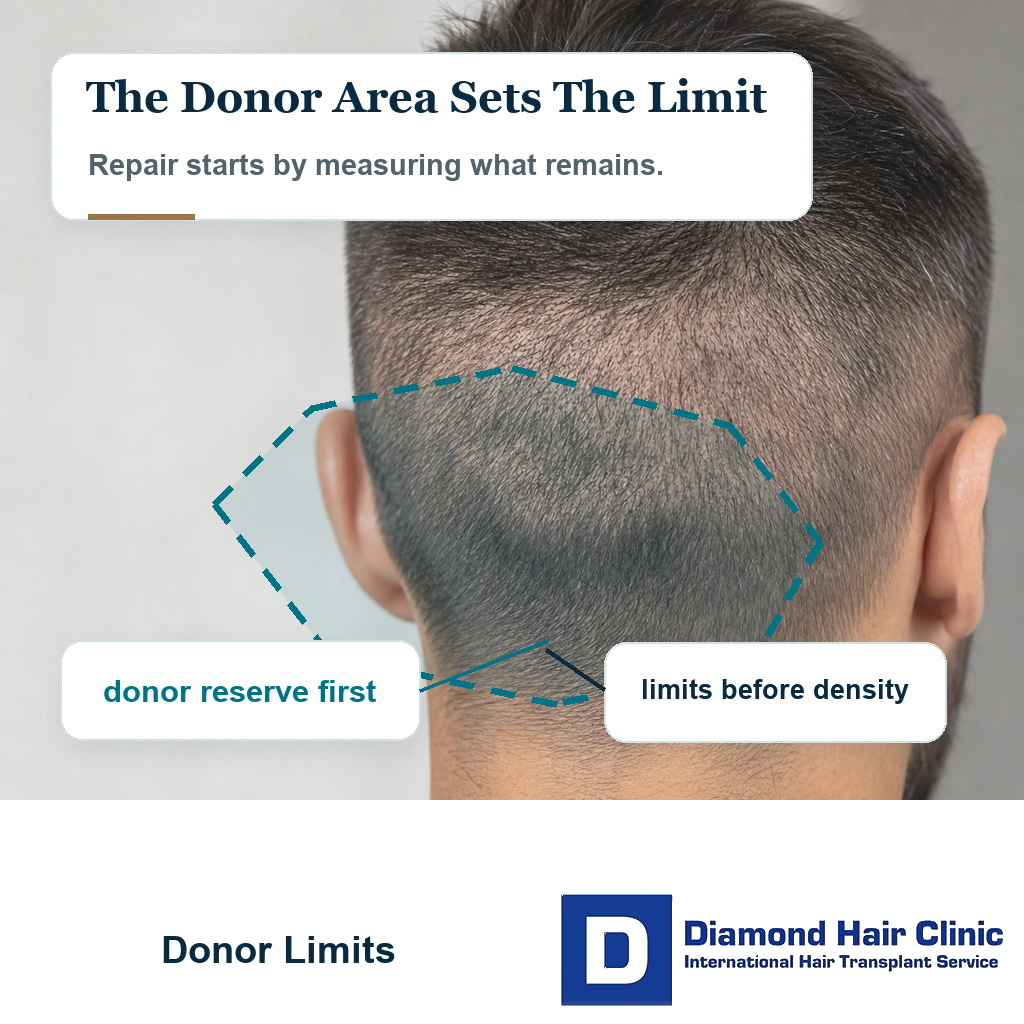 Visual showing donor area assessment as the limit for bad hair transplant repair planning