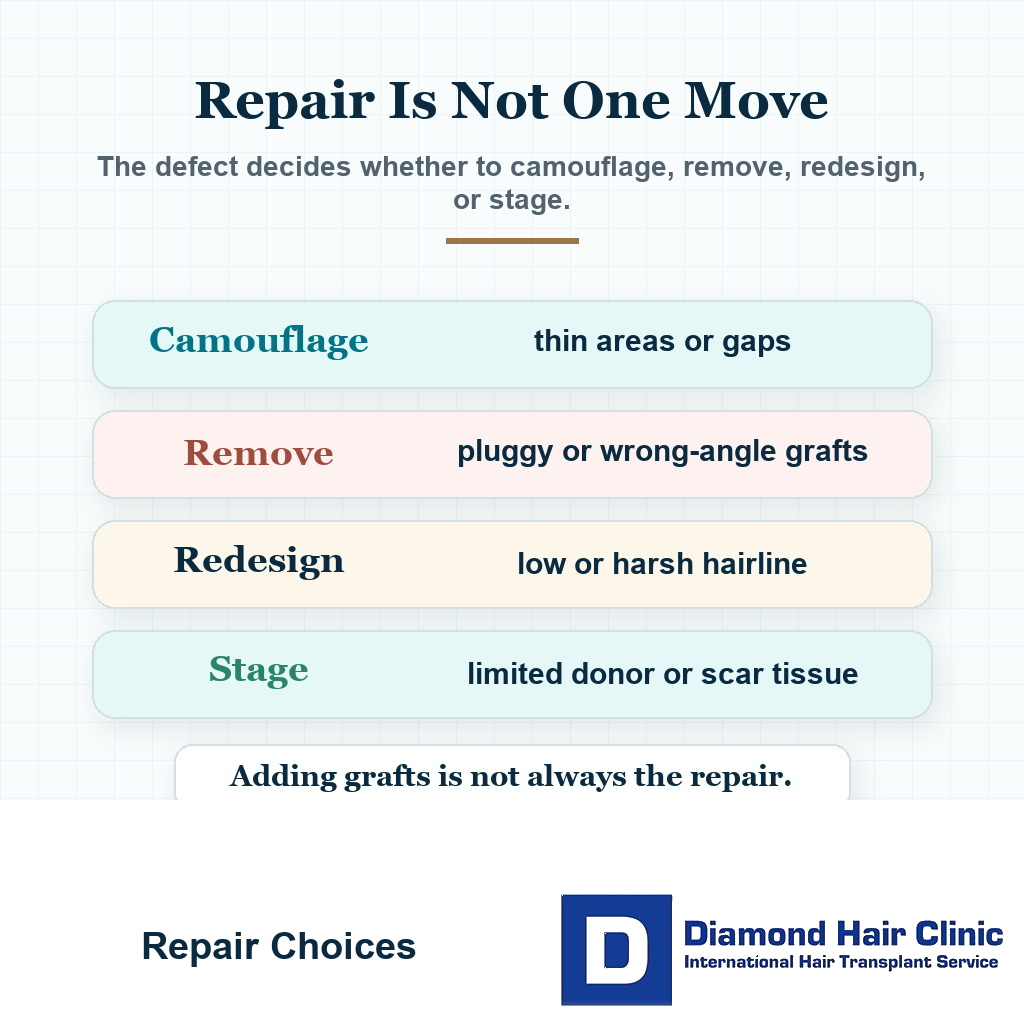 Decision visual showing bad hair transplant repair choices including camouflage removal redesign and staged planning