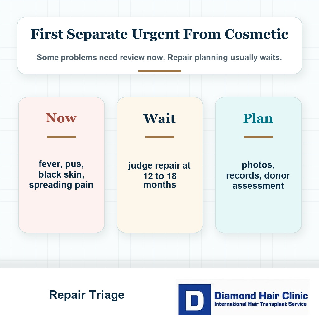 Repair triage visual showing urgent medical review waiting for maturity and planning repair after a bad hair transplant