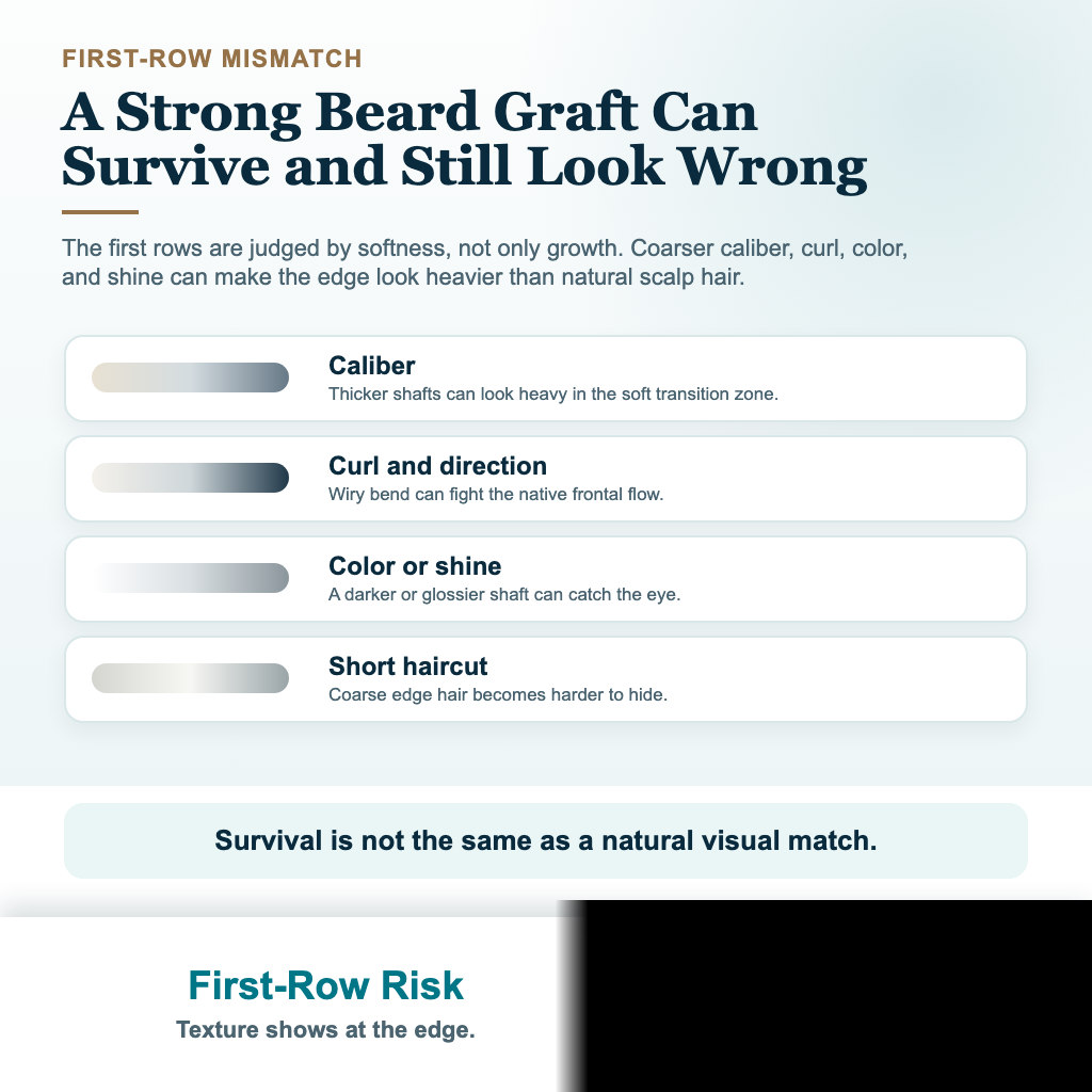 Visual explaining why coarse beard grafts can look too strong in the first rows of a hairline