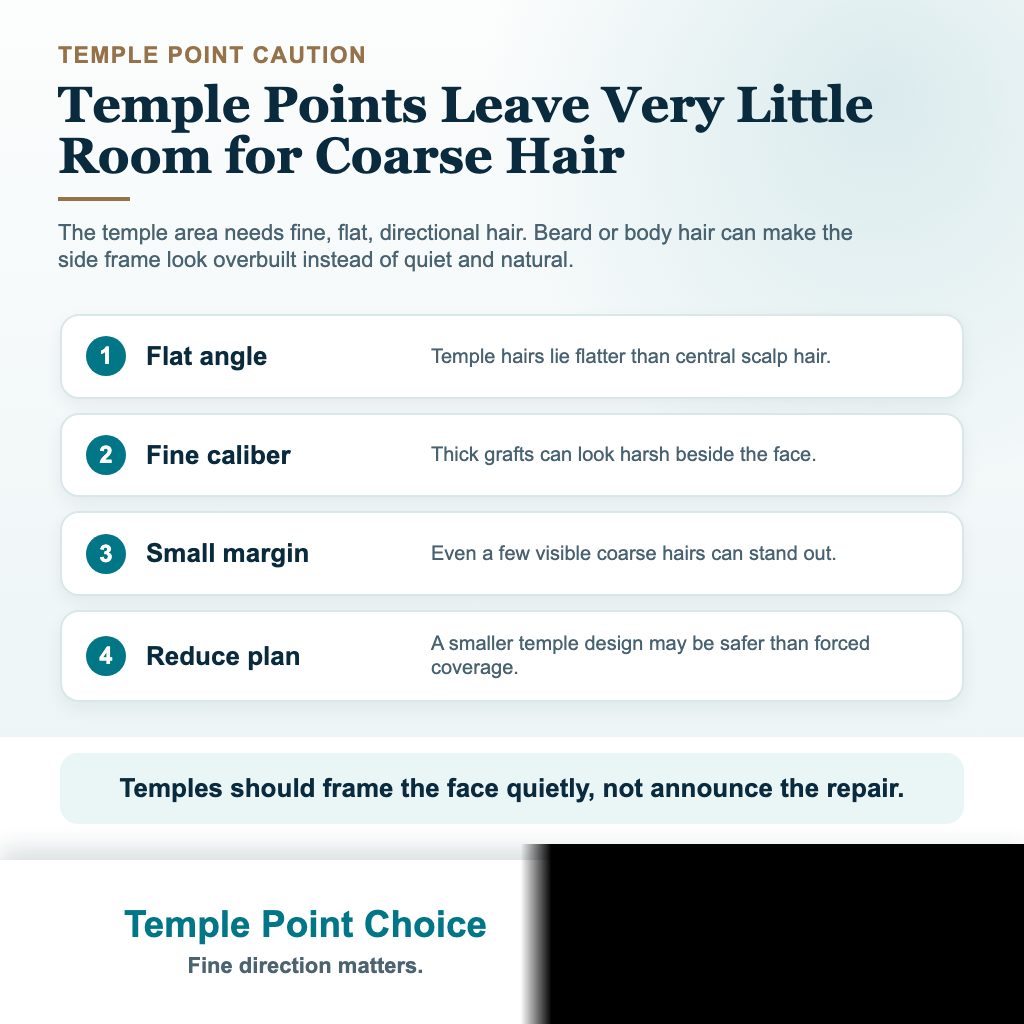Visual explaining why beard or body hair can be risky near temple points in hairline planning