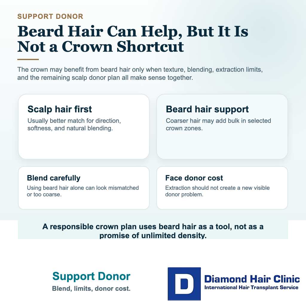 Can Beard Hair Be Used for the Crown When Donor Hair Is Limited? visual explaining beard hair as a support donor source for crown planning
