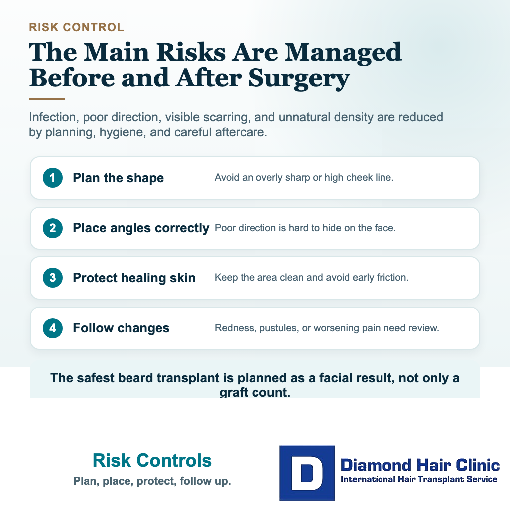 Beard Transplant: Procedure, Costs, and Risks visual explaining risk controls