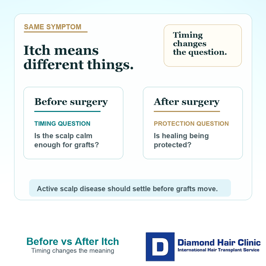 Support card explaining how scalp itching before hair transplant is a timing question while itching after surgery is a healing protection question