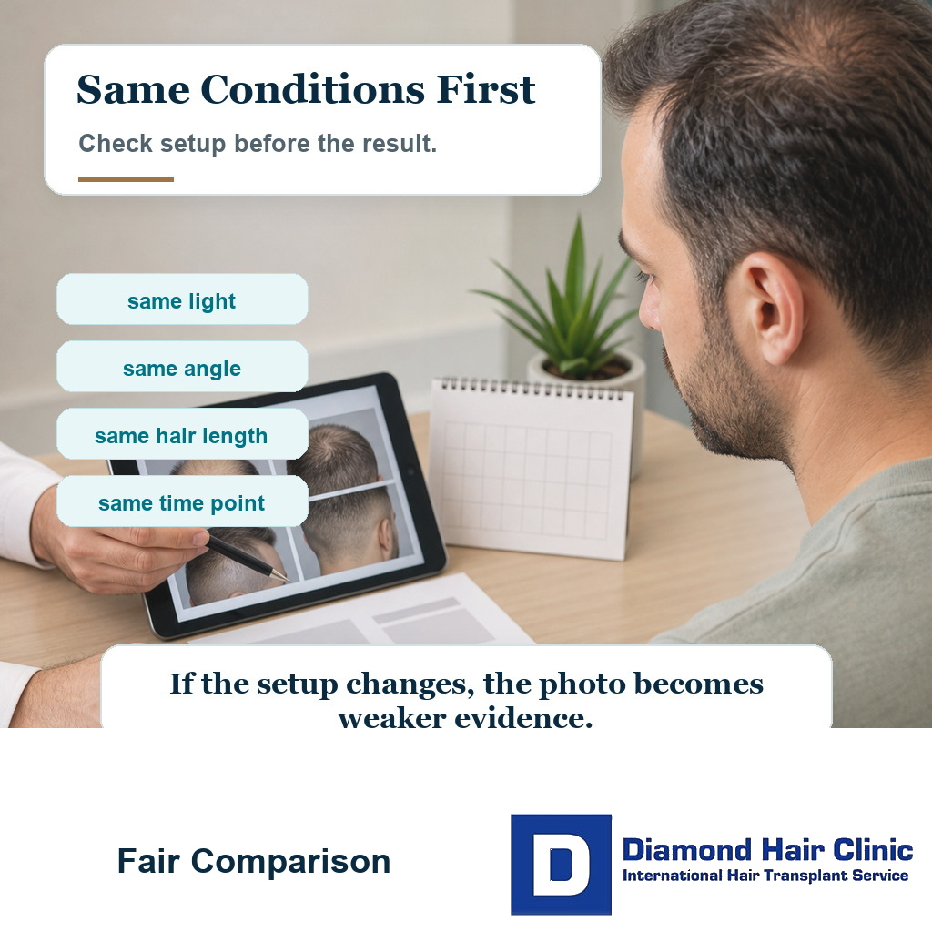 Visual explaining that hair transplant before and after photos should be compared under the same conditions