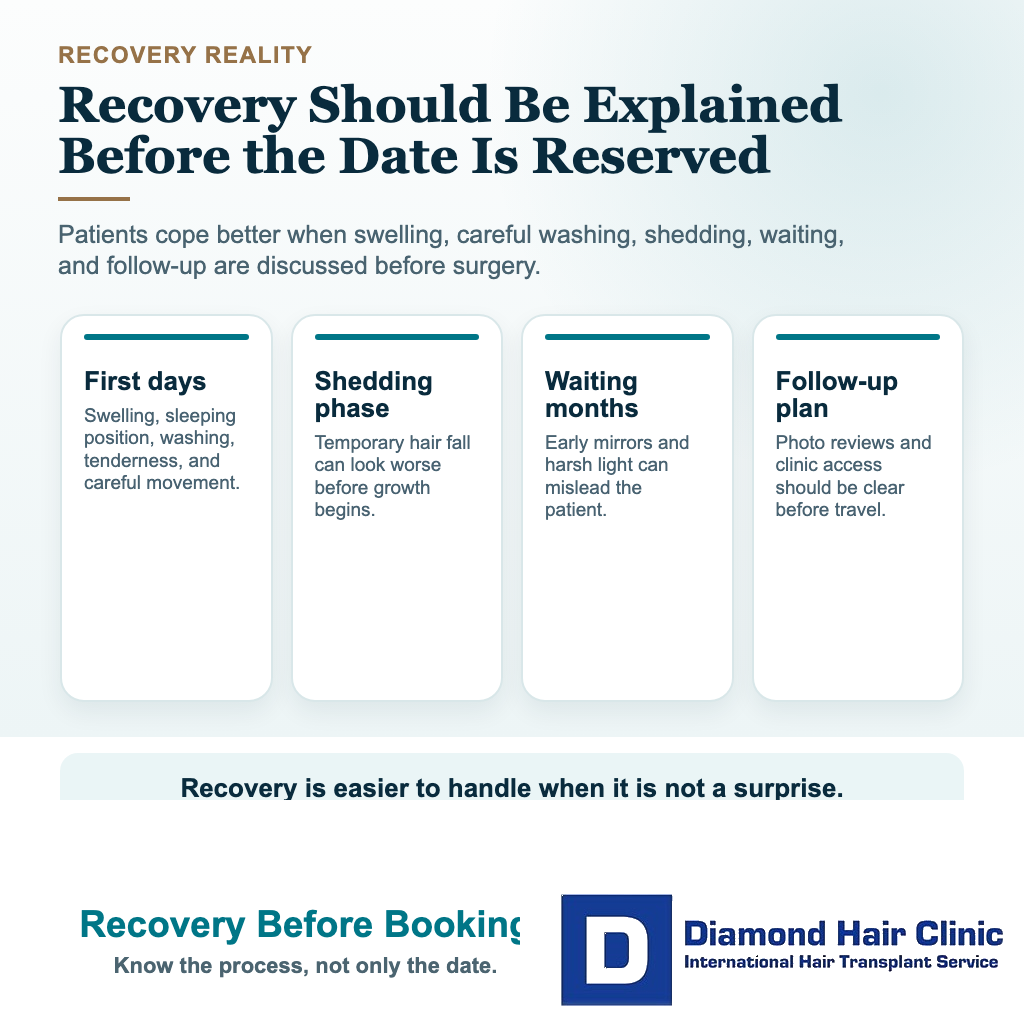 Visual explaining recovery expectations that should be clear before booking a hair transplant