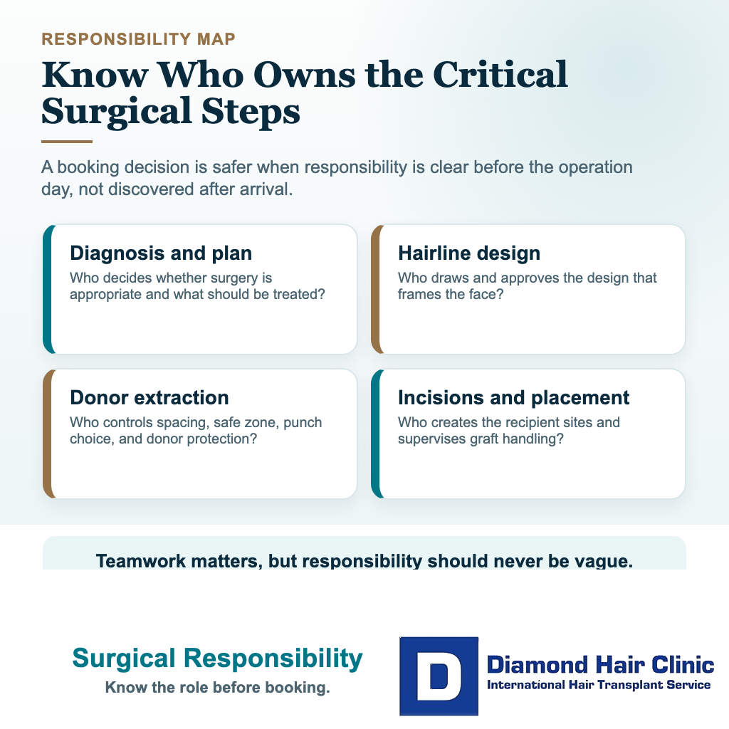 Visual explaining which surgical responsibilities should be clear before booking a hair transplant