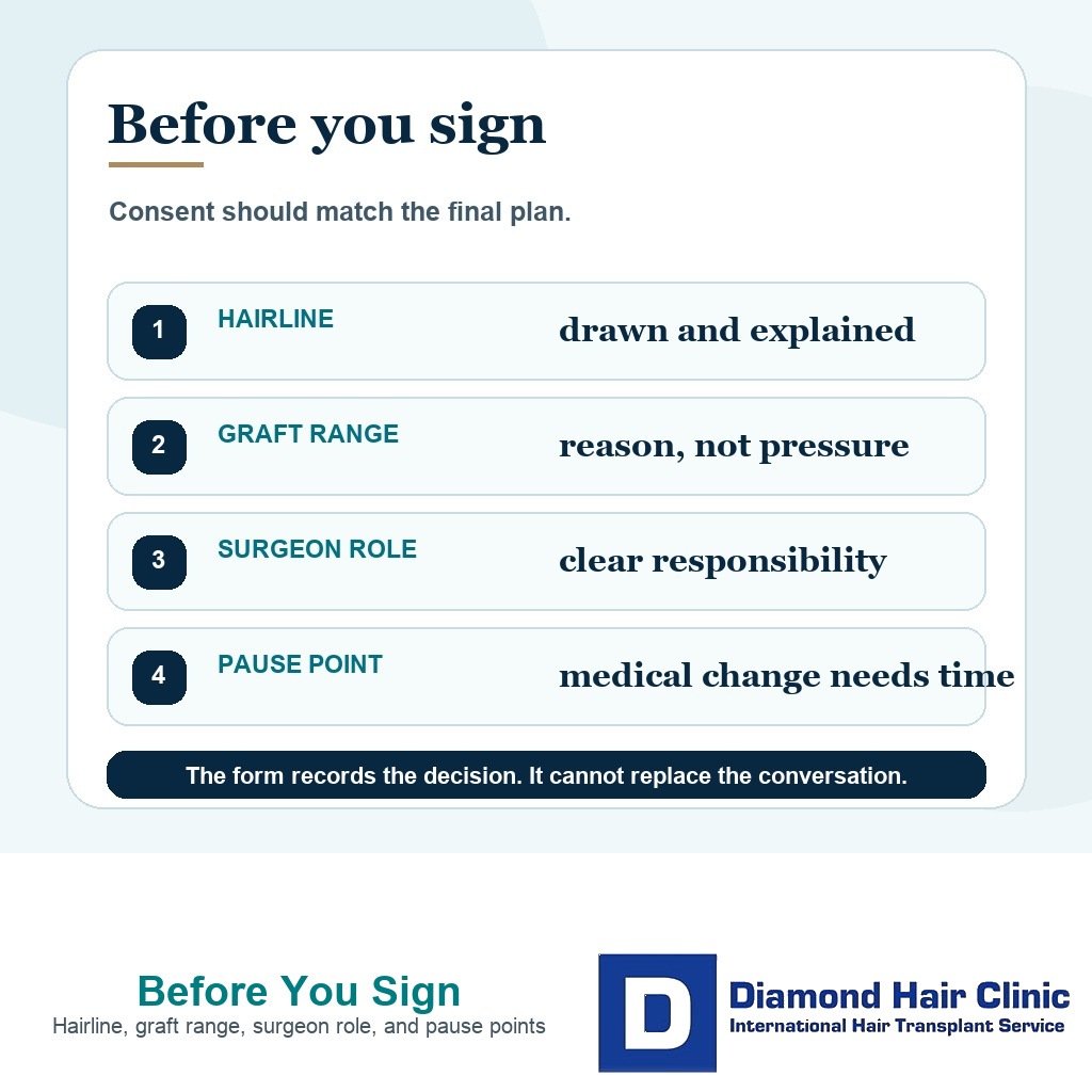 Checklist card showing what should be clear before signing hair transplant consent