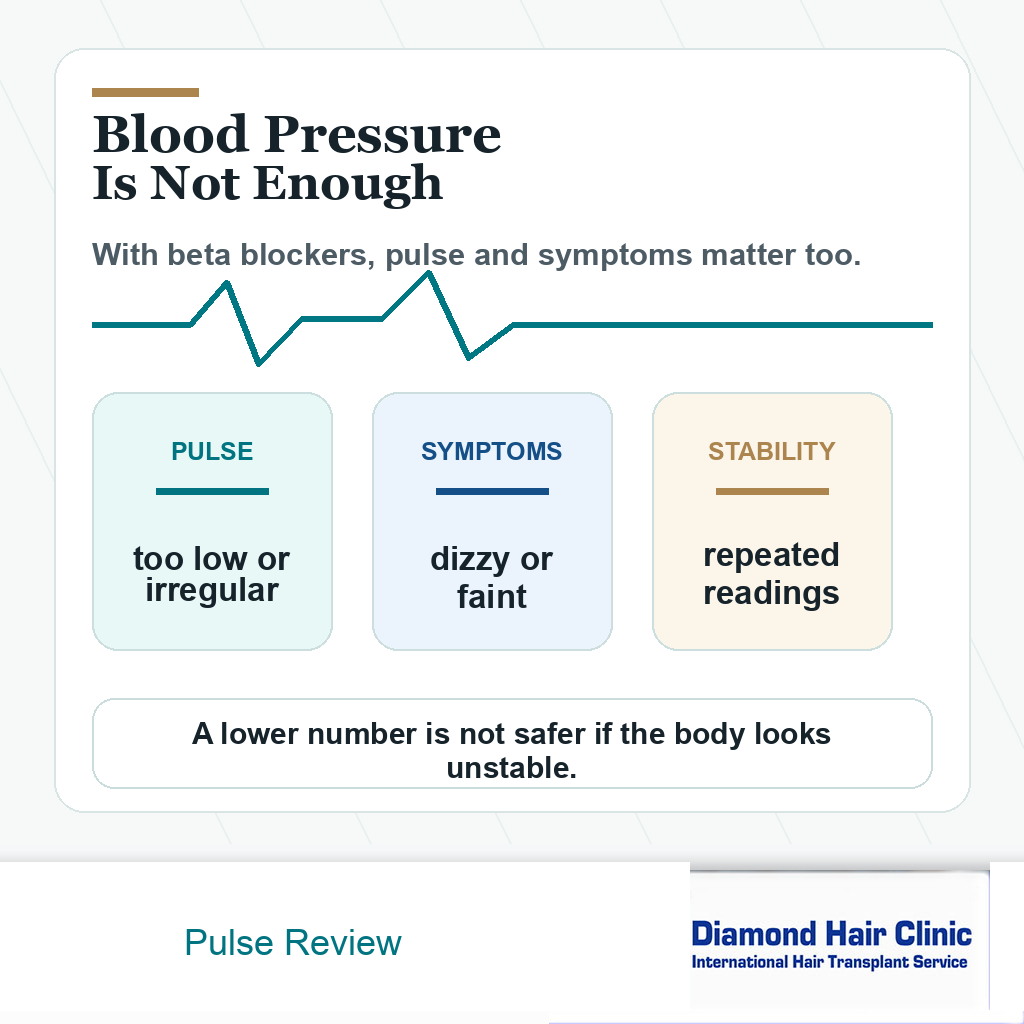 Information card explaining why pulse and symptoms matter when beta blockers are used before hair transplant surgery