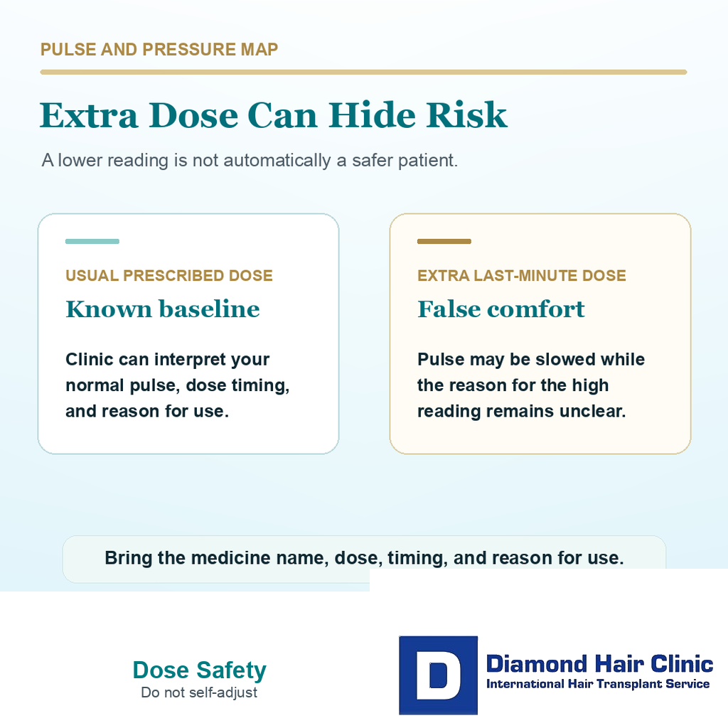 Support card explaining why extra beta blocker dosing before hair transplant can hide pulse and pressure risk