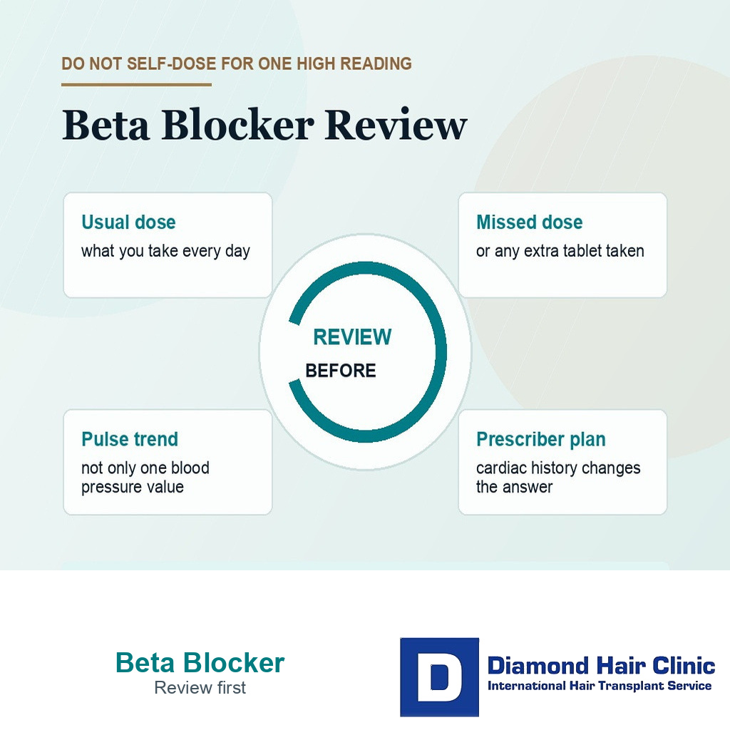 Information card explaining what beta blocker details should be reviewed before hair transplant surgery